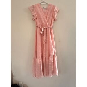 Chic Style Pink Swiss Dot Midi Dress Ruffle Sleeve Wrap Cottagecore Small